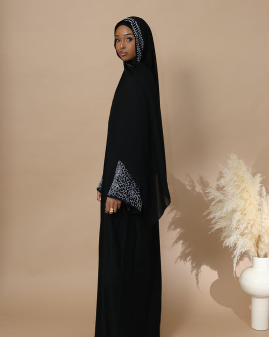 Silver Fleur Black Closed Abaya